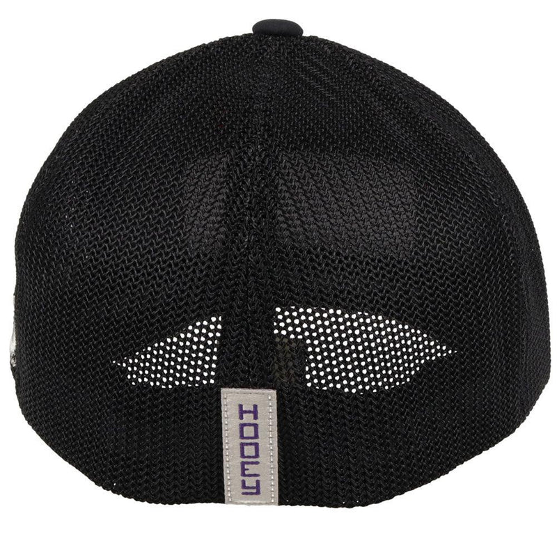 (back view) black tcu hat with purple logo sen on front flexfit curved bill hooey baseball cap