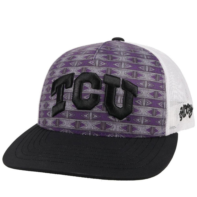 aztec pattern purple tcu hat with white mesh back and black bill by hooey