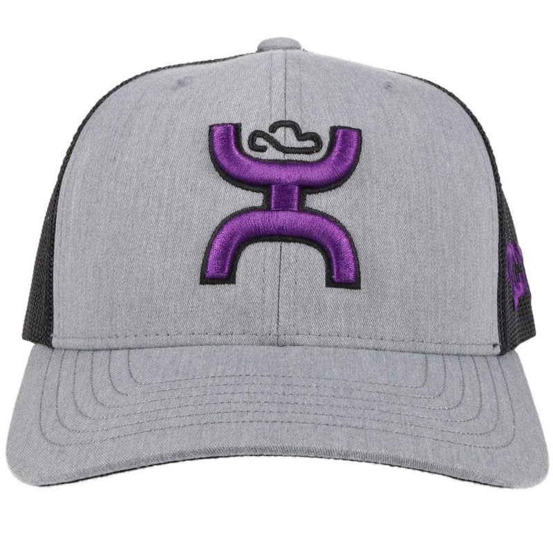 front view - grey hooey tcu hat with purple hooey roughy man logo