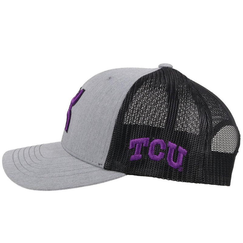 side view - grey hooey tcu hat with purple hooey roughy man logo