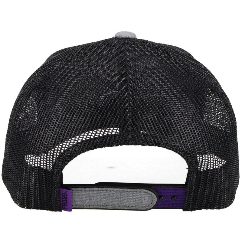 back view - grey hooey tcu hat with purple hooey roughy man logo