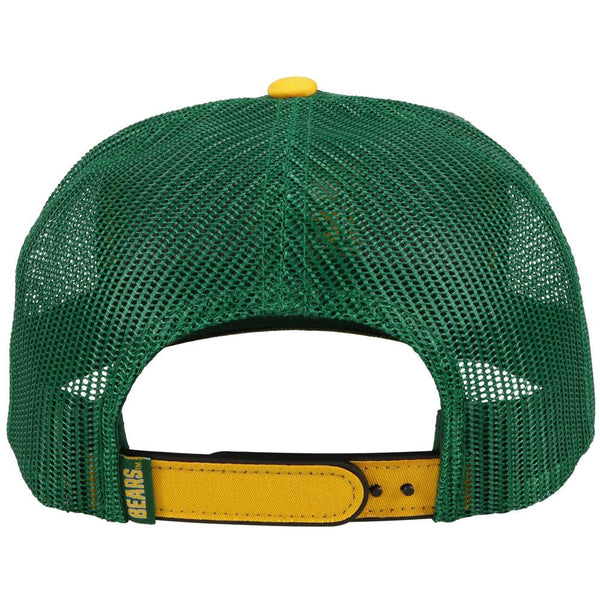 back of the Baylor University green hat with gold bill and green and gold embossed BU patch with gold snap detail