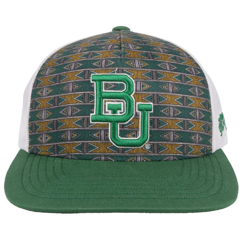 front of the Baylor university white mesh, green bill, and green and gold Aztec pattern on the front panel with an embossed white and green BU patch
