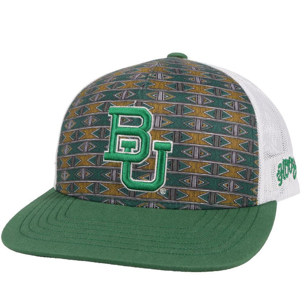 Baylor university white mesh, green bill, and green and gold Aztec pattern on the front panel with an embossed white and green BU patch