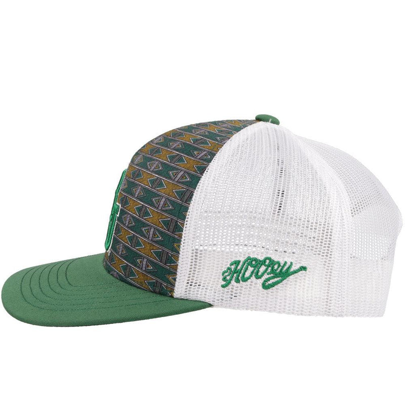left of the Baylor university white mesh, green bill, and green and gold Aztec pattern on the front panel with an embossed white and green BU patch