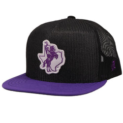 Tarleton State University hat in black with purple bill, and purple and white patch