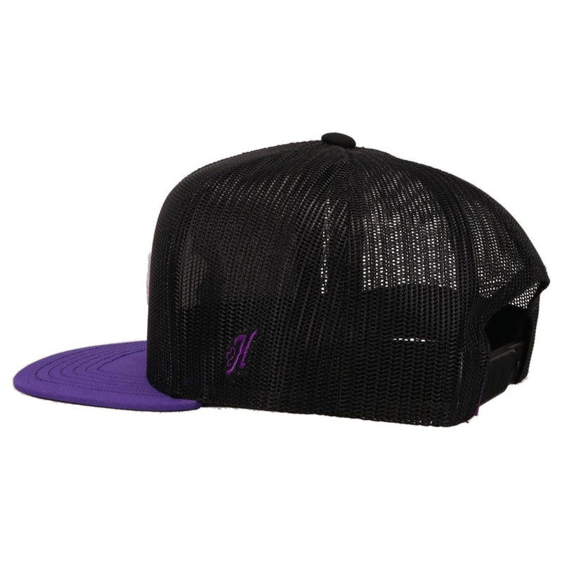 left side of the Tarleton State University hat in black with purple bill, and purple and white patch