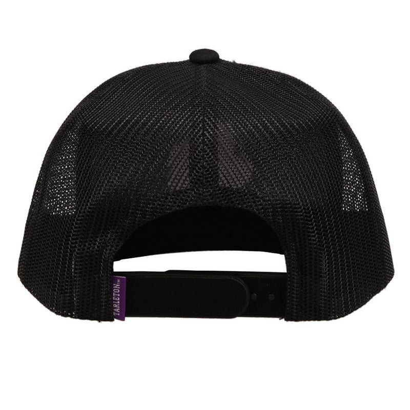back of the Tarleton State University hat in black with purple bill, and purple and white patch