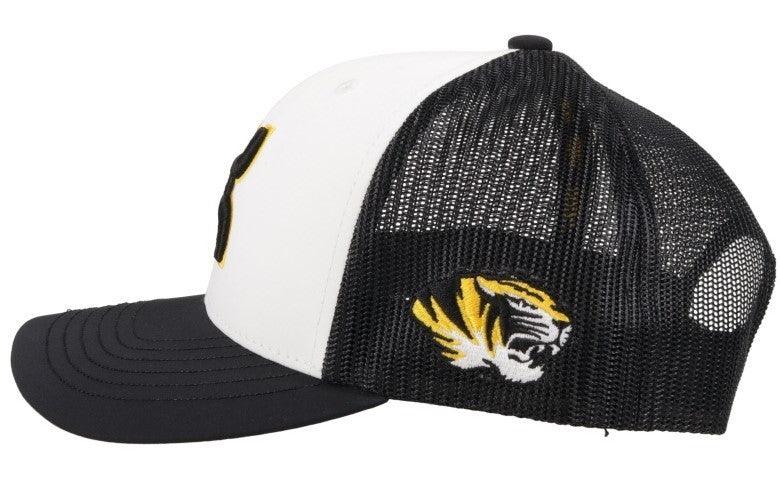 left side of the Missouri white and black hat with gold and black tiger logo