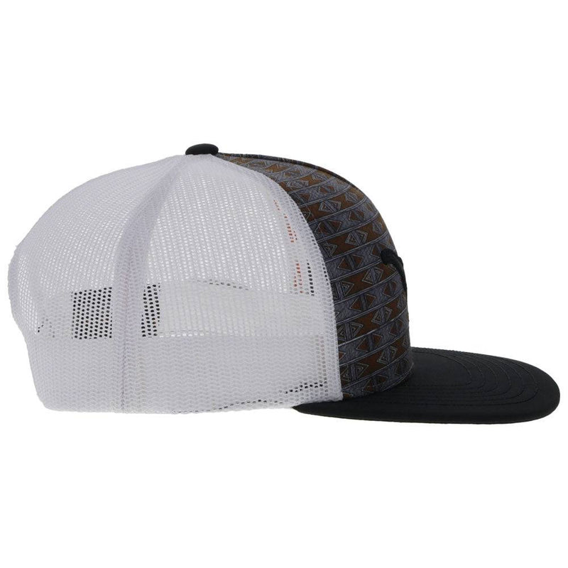 right side of the Texas Long Horns black and white hat with orange and grey aztec pattern and black longhorn patch