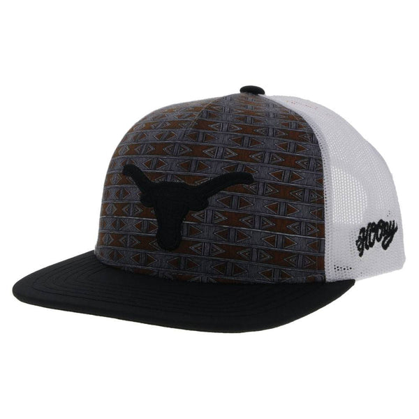 Texas Long Horns black and white hat with orange and grey aztec pattern and black longhorn patch