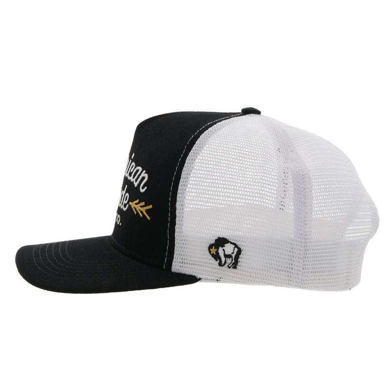 left side view of the Black and white AMCC Hooey hat with gold arrow detail