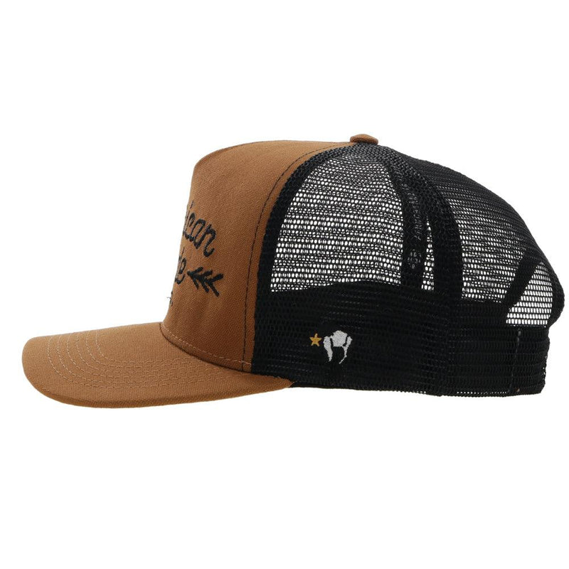 left side view of the AMCC tan and black hat