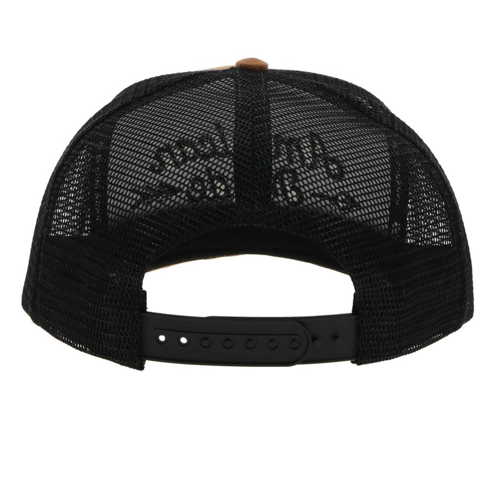 back view of the AMCC Hooey tan and black cap with black mesh
