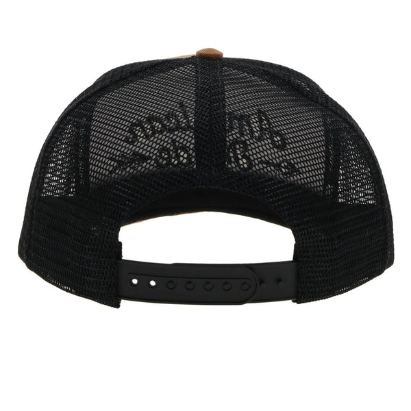 back view of the AMCC Hooey tan and black cap with black mesh