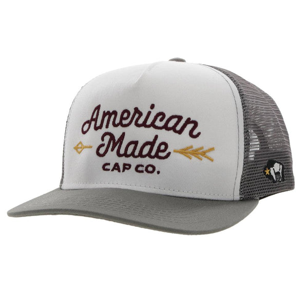 AMCC white and grey hat with maroon and gold "American Made Cap Co." stitching