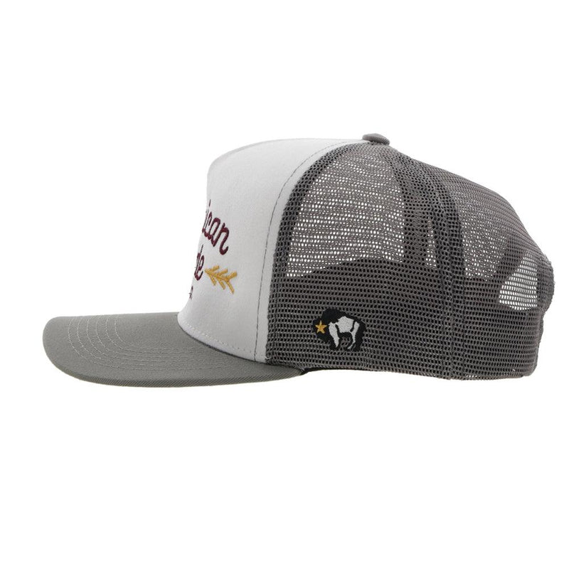 left side view of the AMCC white and grey hat