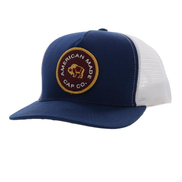 AMCC navy and white hat with maroon, gold, white American Made Cap Co patch