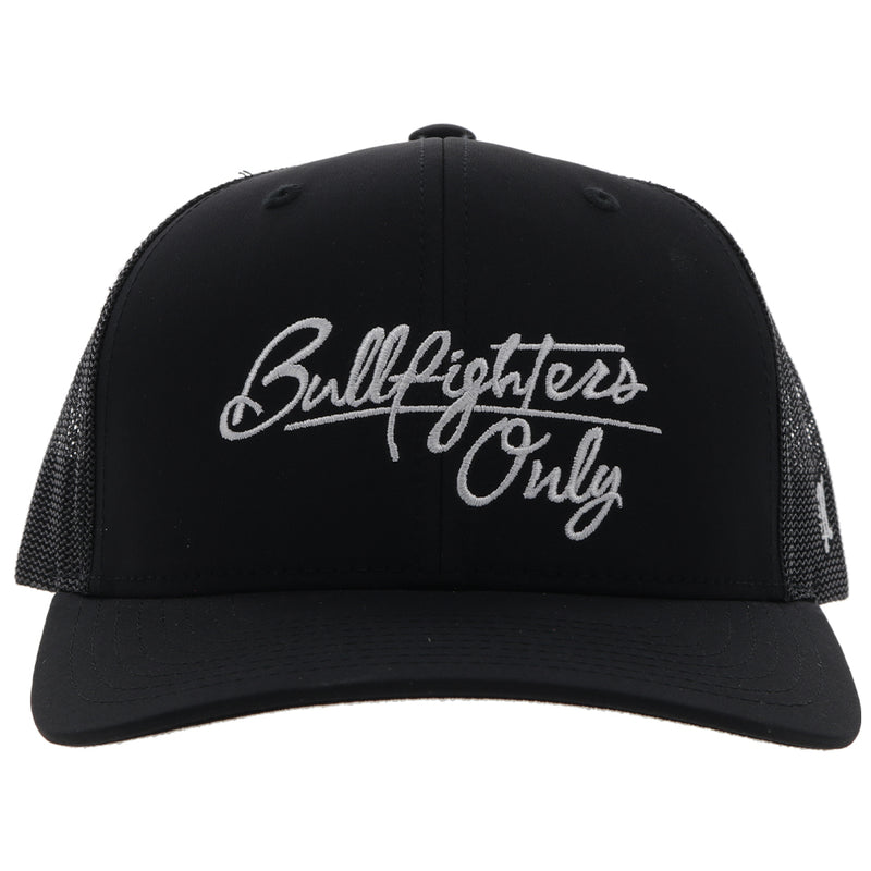 front of the black on black BFO hat with white bull fighters only logo