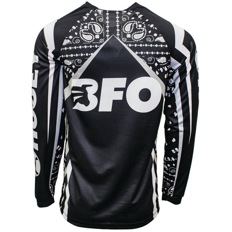 back of the BFO jersey in black and white with white BFO logo on the back