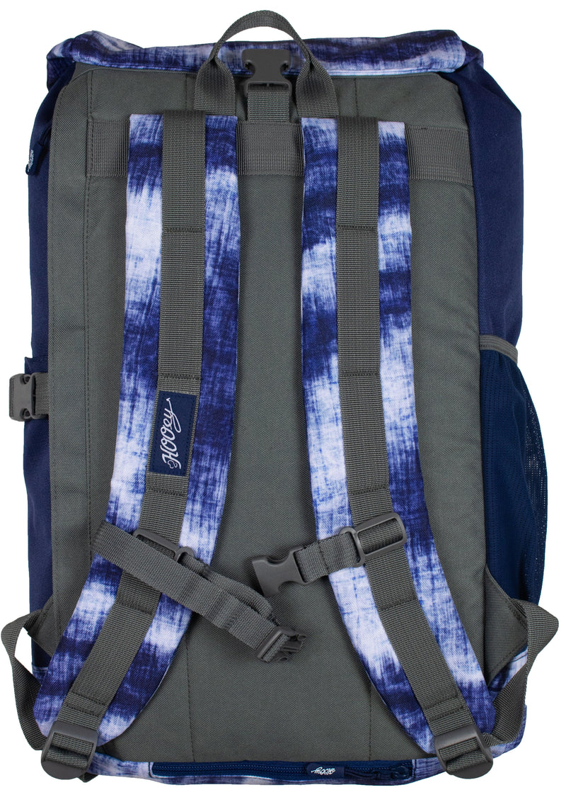 back of the distressed navy Topper II backpack