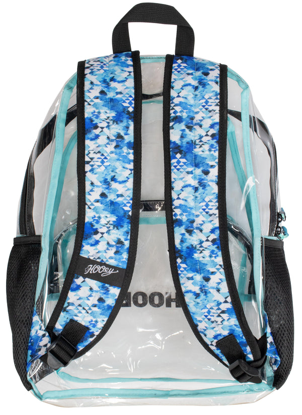 back of the clear nitro white, blue, and black backpack