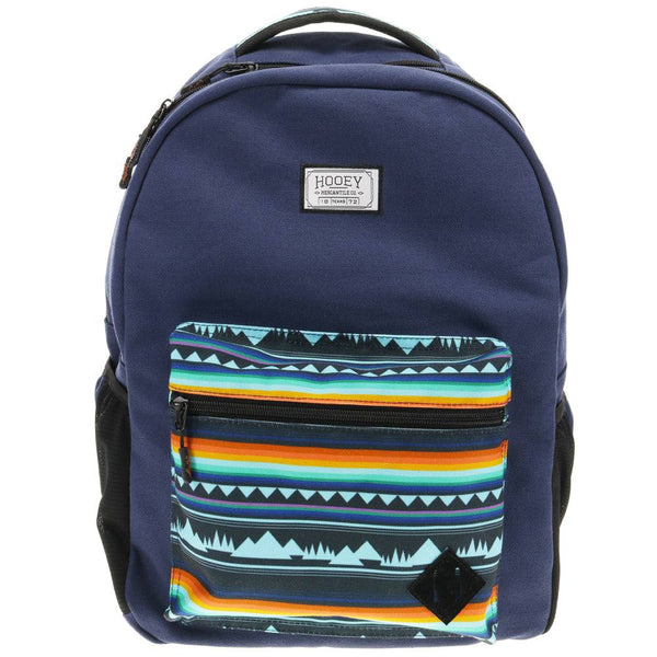 Recess navy backpack with multi colored serape on front pocket