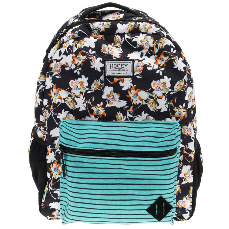 Recess black and white floral pattern with teal and black stipe pattern on front pocket