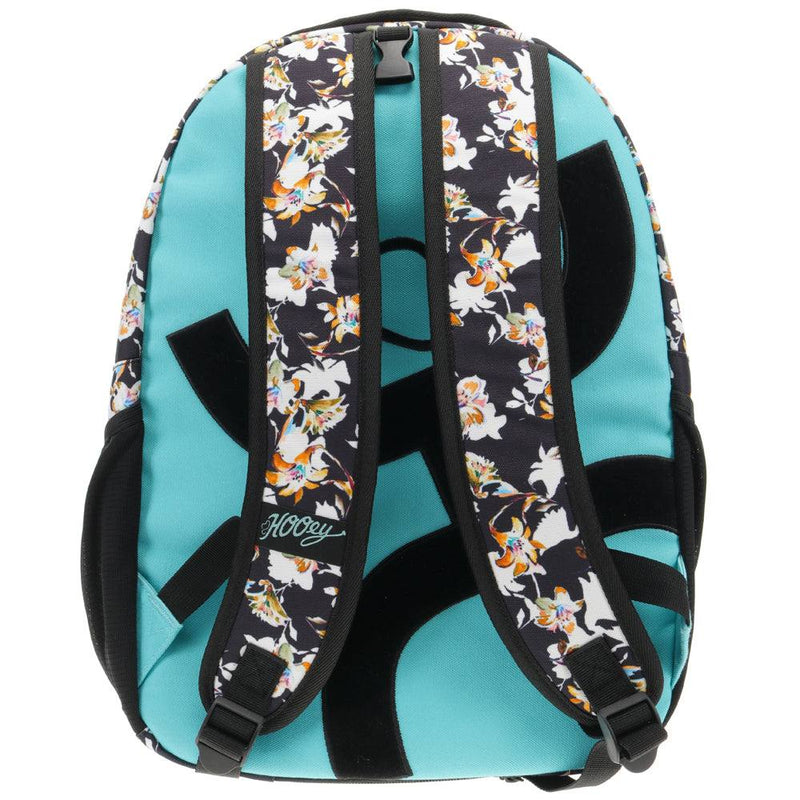 back of the Recess back pack with teal back pad, black hooey logo, floral print arm staps