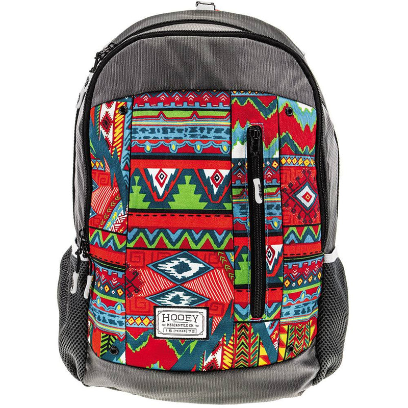 Rockstar grey backpack with red, green, blue, yellow Aztec pattern on front pocket