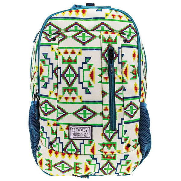Rockstar cream and teal backpack with green, yellow, red  breaded pattern all over