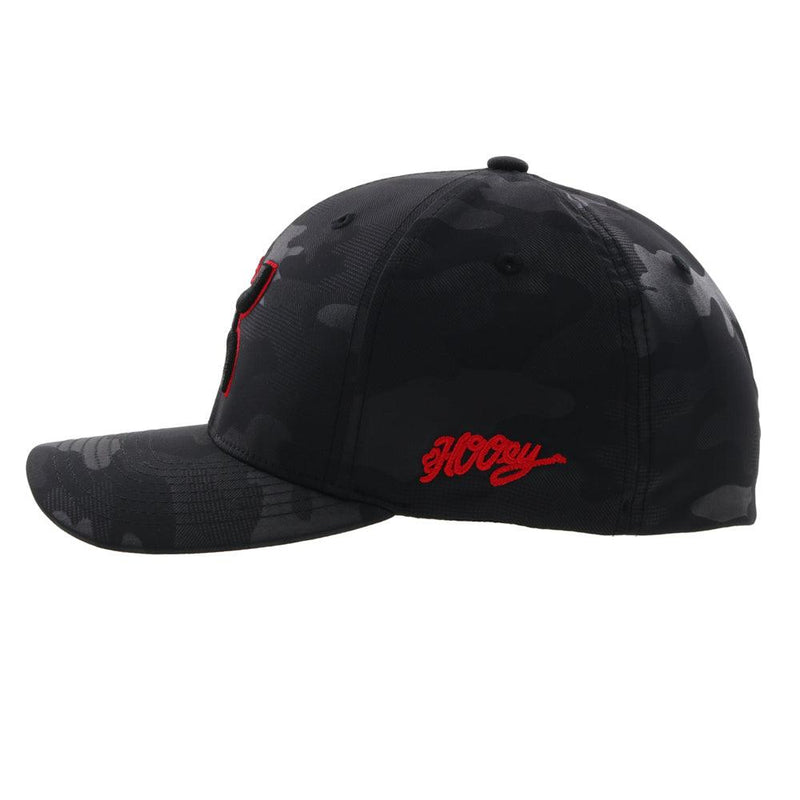 left side of the Black camo youth Chris Kyle hat with red hooey logo