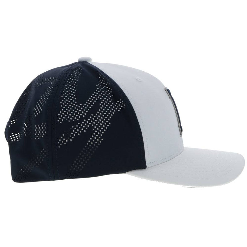 Right side of the Dallas Cowboys white and blue hat with blue "D" logo