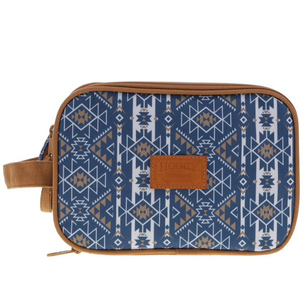 Dopp kit navy and white Aztec pattern and tan leather details