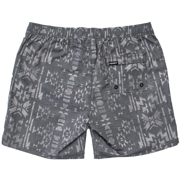 back view of the Bigwake grey and white Aztec pattern board shorts