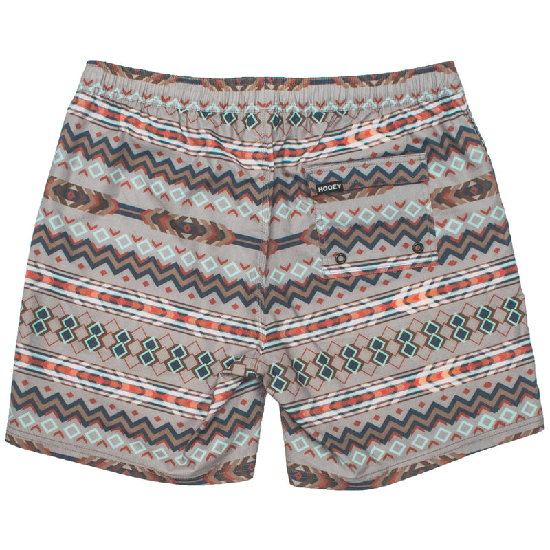 back of the Bigwake grey, red, blue Aztec pattern board shorts