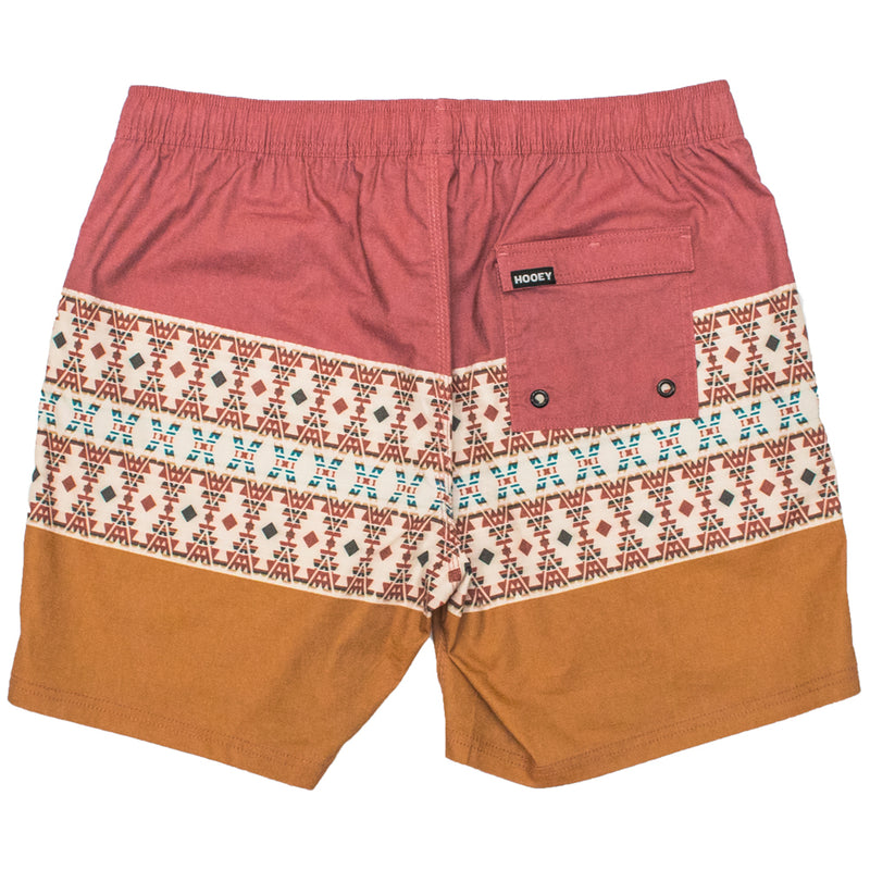 back of the red and orange Bigwake shorts with Aztec pattern 