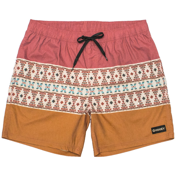 Bigwake red and orange shorts with Aztec pattern across the center