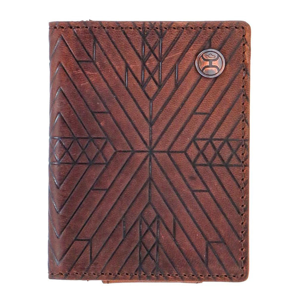 Austin brown leather bifold money clip with Aztec pattern
