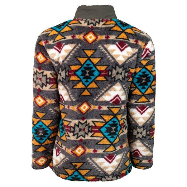 back of the Hooey Fleece Pullover brown, red, yellow, turquoise Aztec pattern