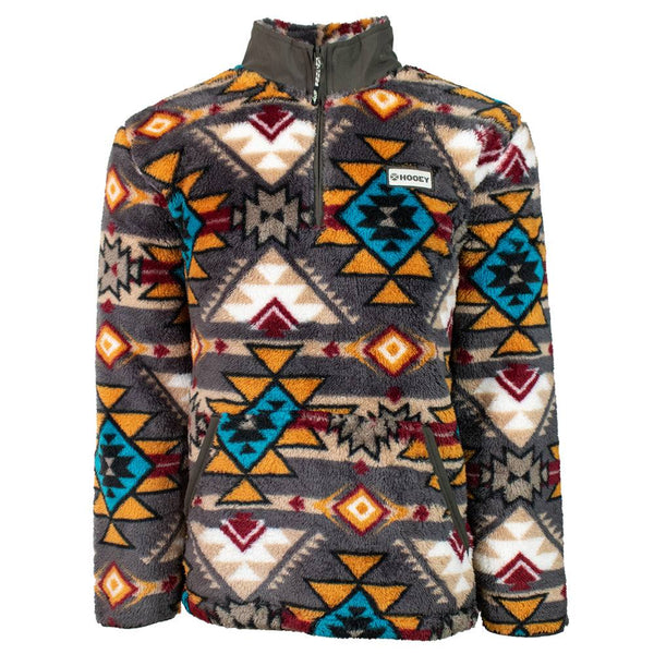 Youth fleece pullover in brown with blue, gold, red, and cream aztec pattern