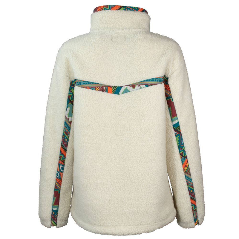 "Ladies Sherpa Pullover" Cream w/Multi Color Aztec Pattern Accents