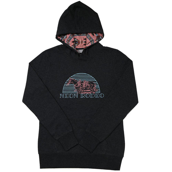 Youth Neon Rodeo hoody in black with teal and pink logo