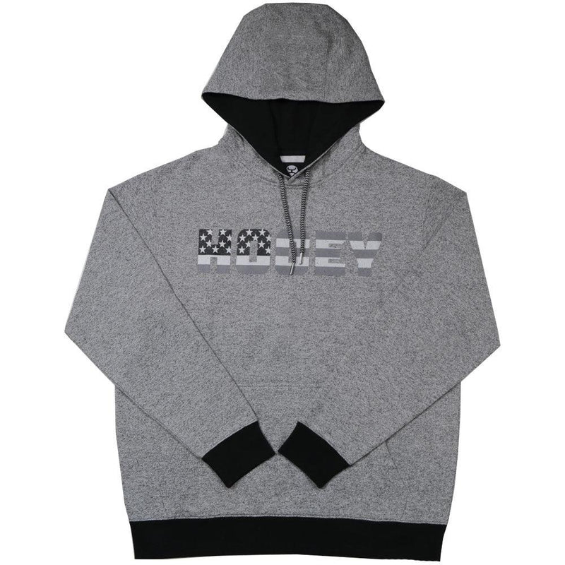 grey mens hoodie, american flag hooey logo, black interior, pullover