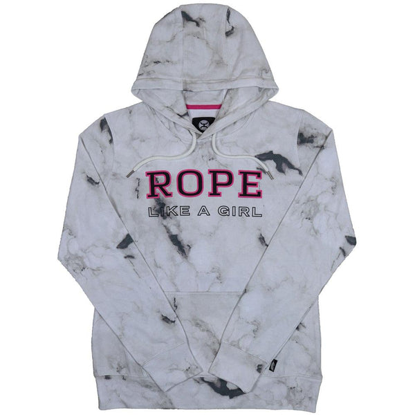 Rope Like A Girl white marble hoody with pink and black logo