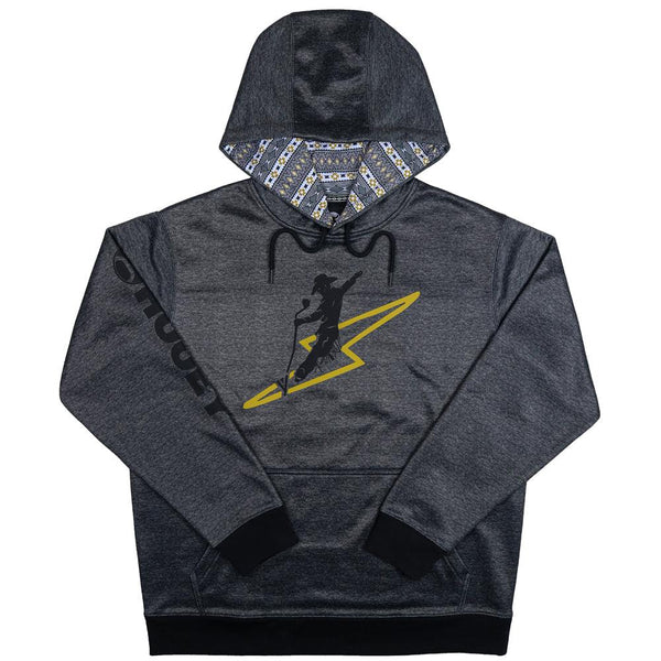 Buzz heather charcoal hoody with yellow lightning bolt and cowboy artwork