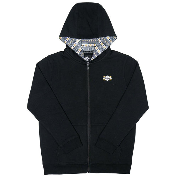 youth diamond black hoody with grey, white, yellow pattern in hood lining
