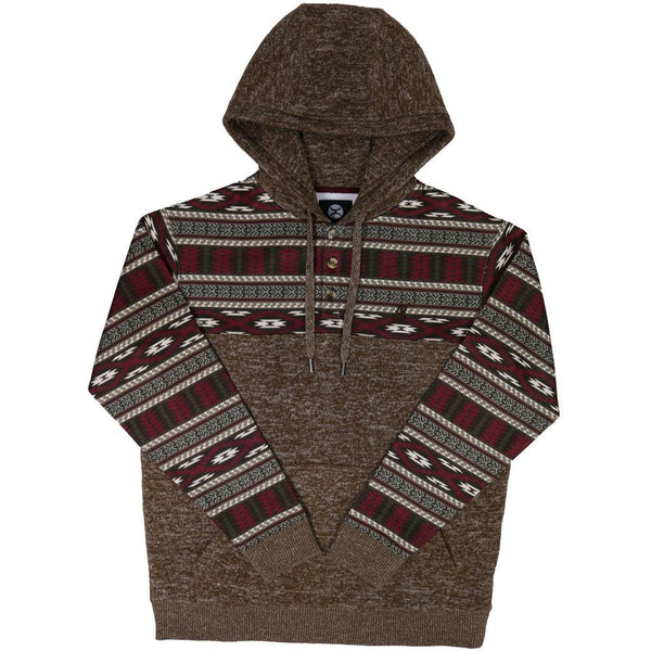 Nomad Jimmy heather brown with red, brow, black, and white Aztec pattern on collar and sleeves