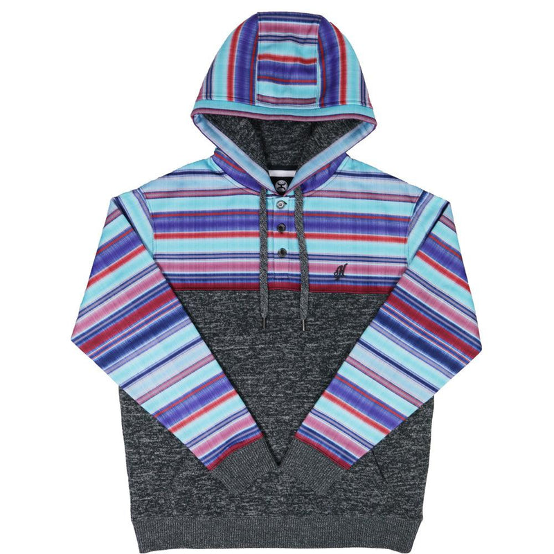 Cali Jimmy charcoal hoody with light and dark blue,  and red stripe pattern on collar, sleeves, and hood