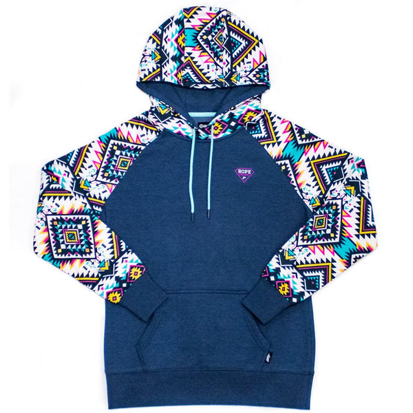 rope like a girl navy hoody with hoody, blue, pink, yellow, black, white aztec patter on sleeves and hood